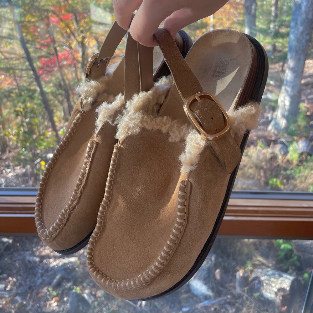 ZARA Tan Sling Back Suede Fur Lined Mule Loafer Slippers with Gold Buckle - Picture 7 of 7